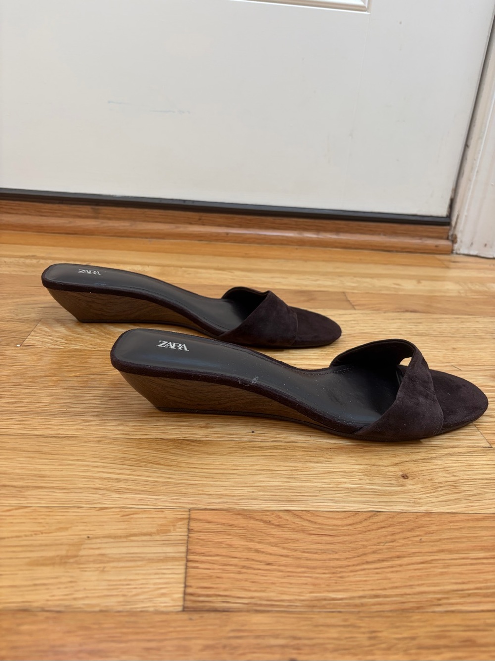 Zara Chocolate Brown Suede Low Wedge Slide Mules